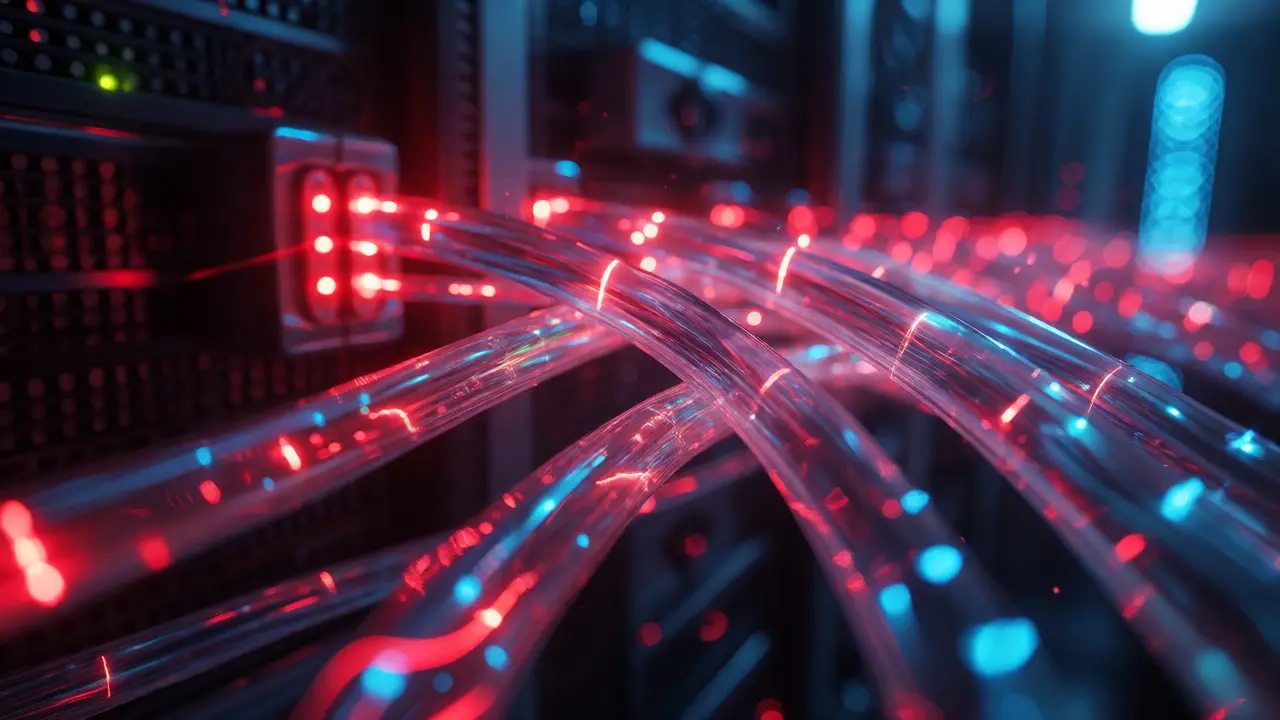 Glowing fiber optic cables in a data center