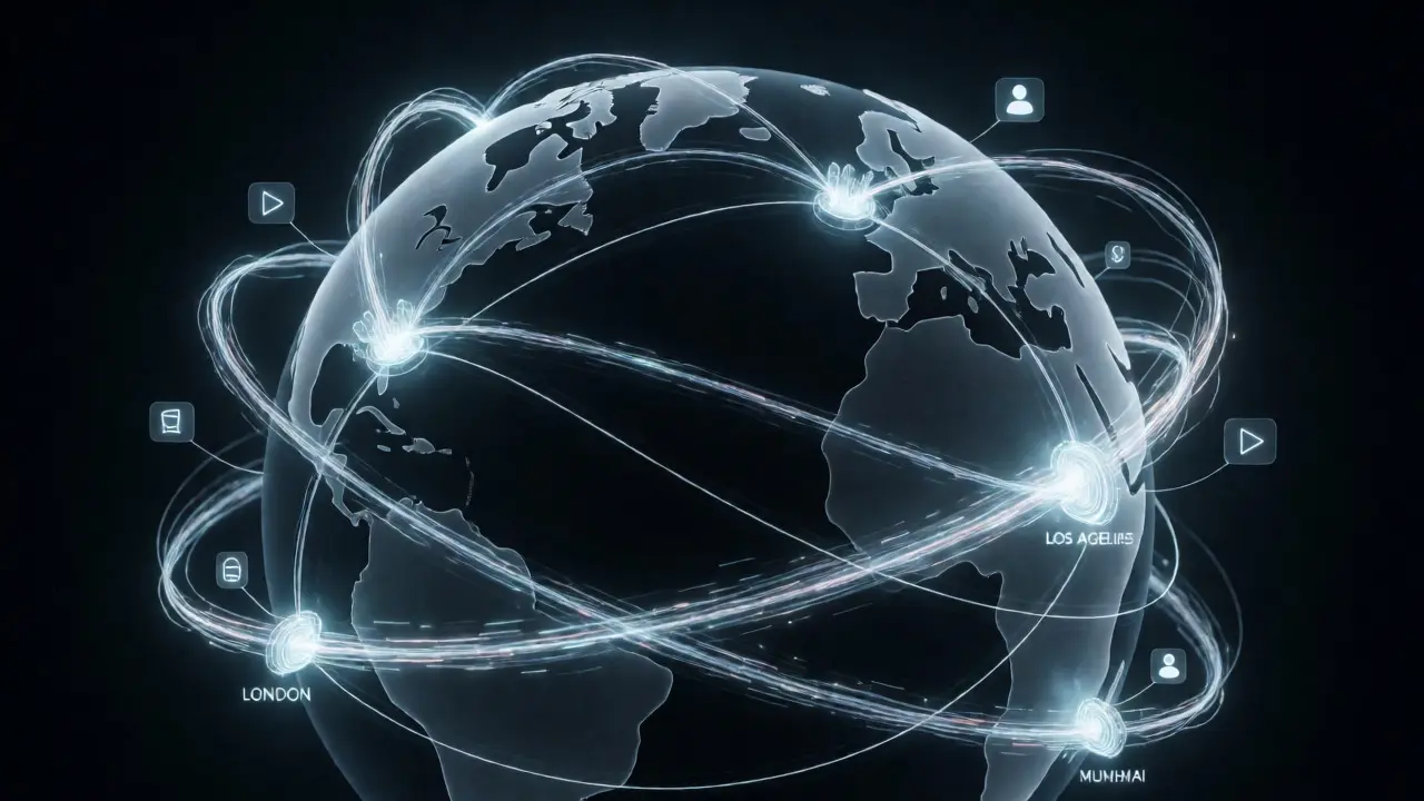 Glowing fiber-optic globe connecting global cities for streaming data