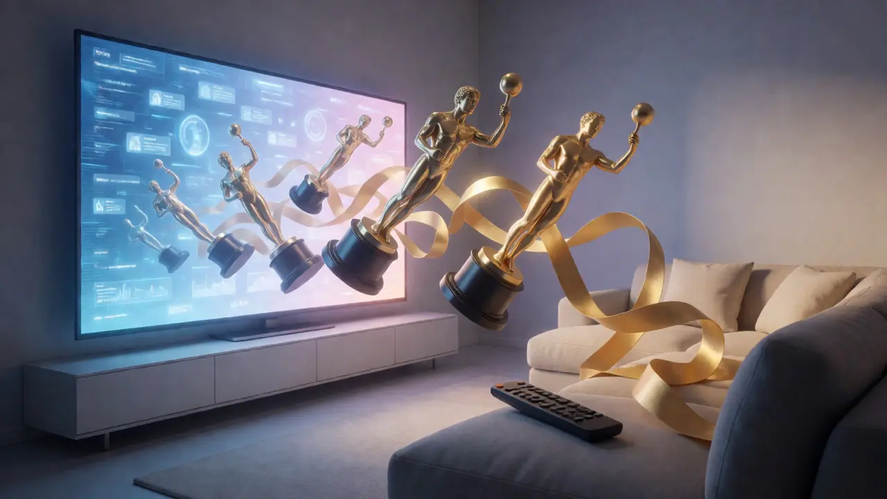 Golden award statues emerging from a TV screen in a modern living room