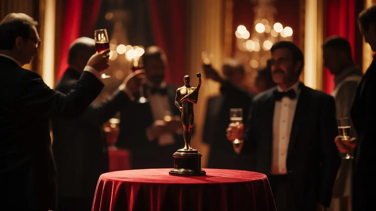Golden award trophy on a pedestal during an elegant film industry ceremony.