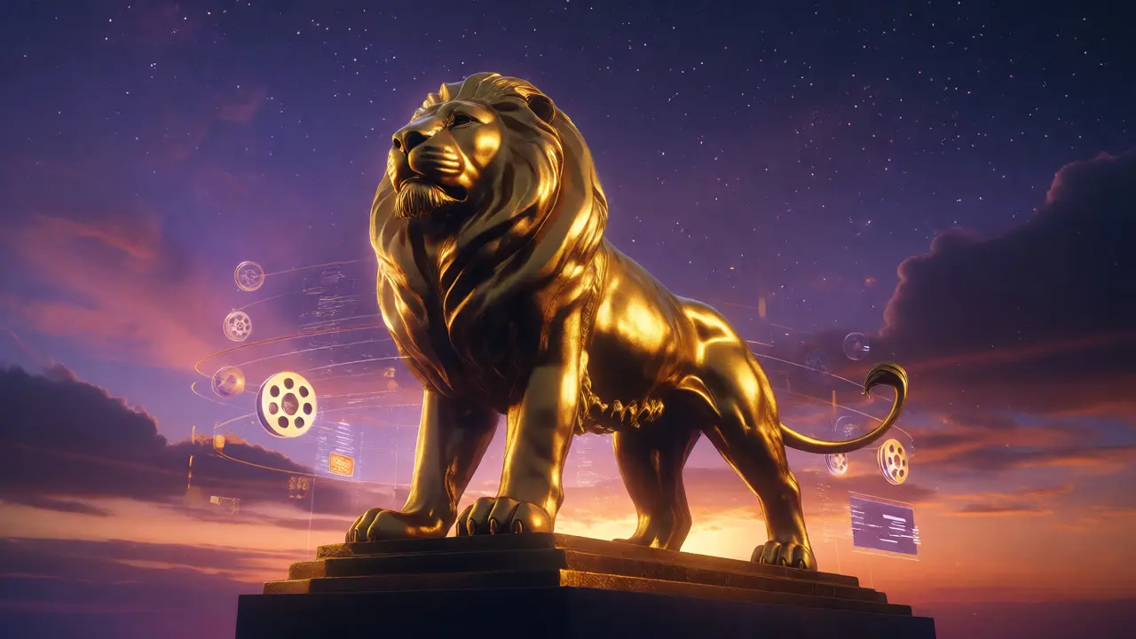 Golden lion statue at twilight surrounded by digital film reel elements and stars.