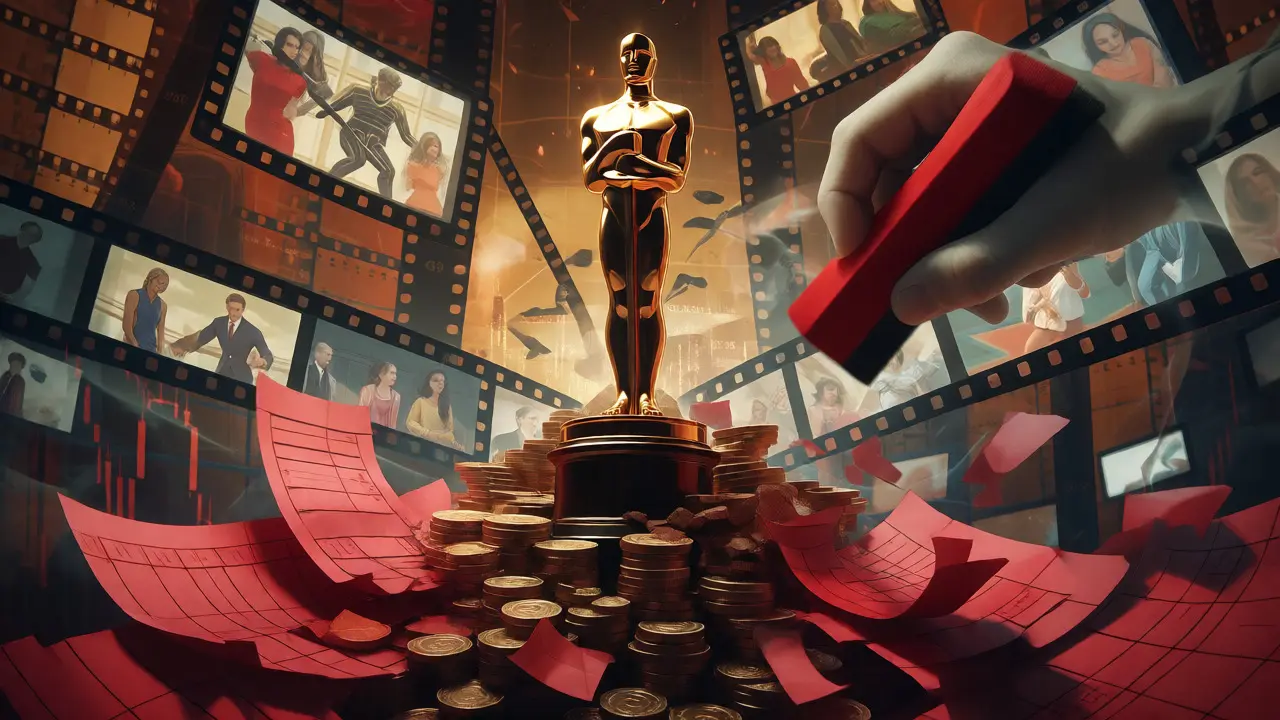 Golden Oscar statue crumbling into ledger paper as films fade in background