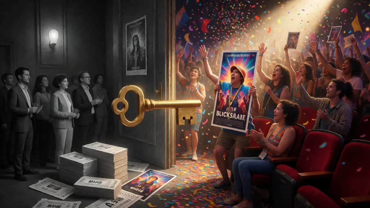 Golden ticket unlocking a colorful theater filled with celebrating fans