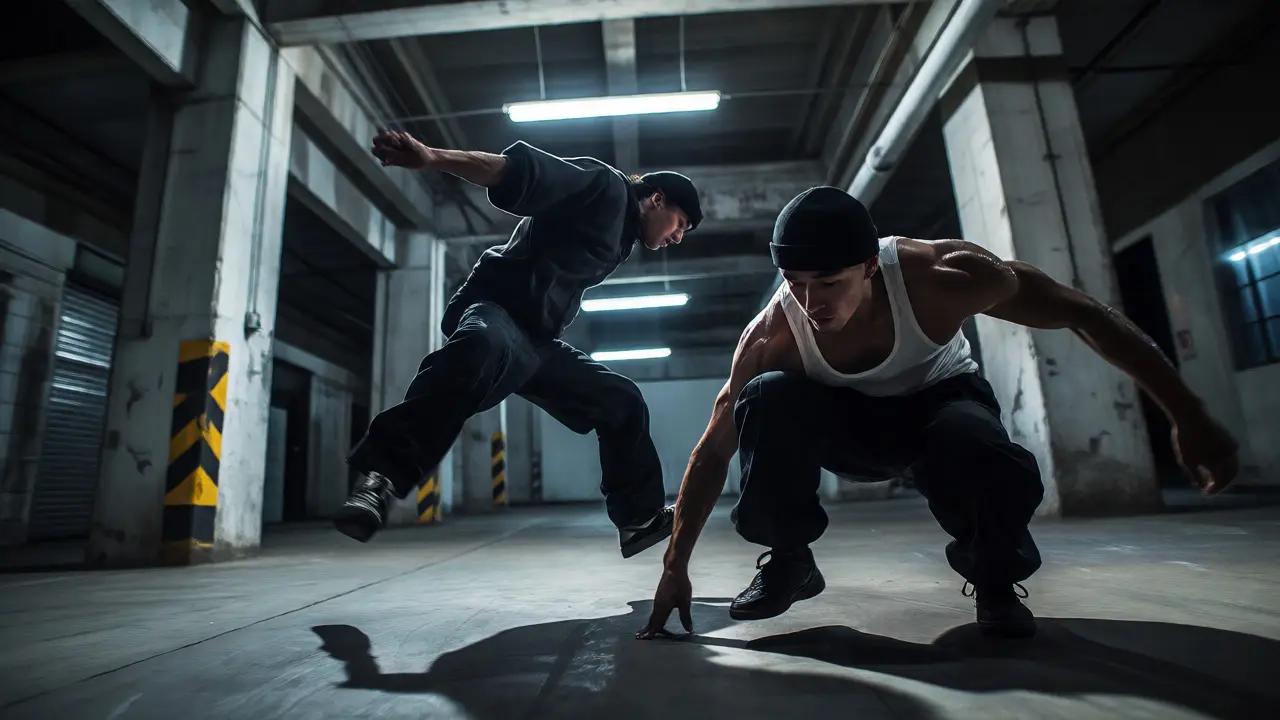 Gritty urban breakdance battle with dynamic handheld camera angles and high-contrast lighting.