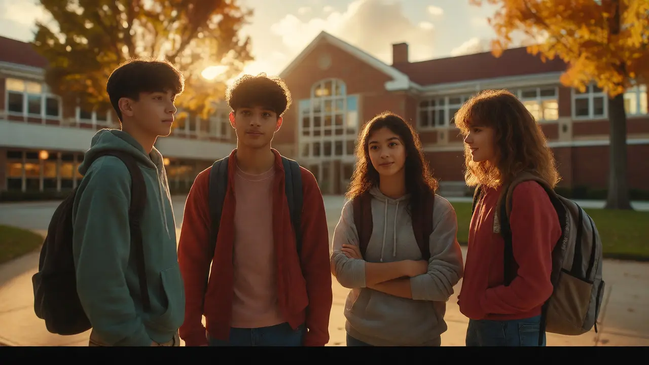 Group of teens outside school building during golden hour