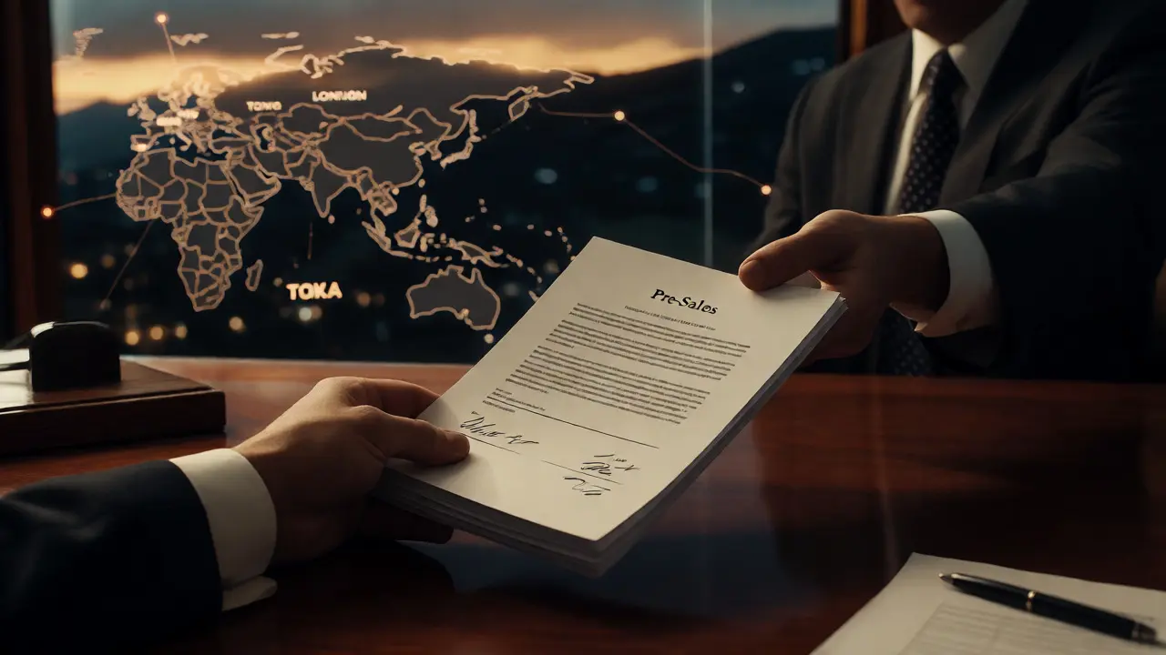 Hand exchanging pre-sales contracts in an executive office overlooking Hollywood