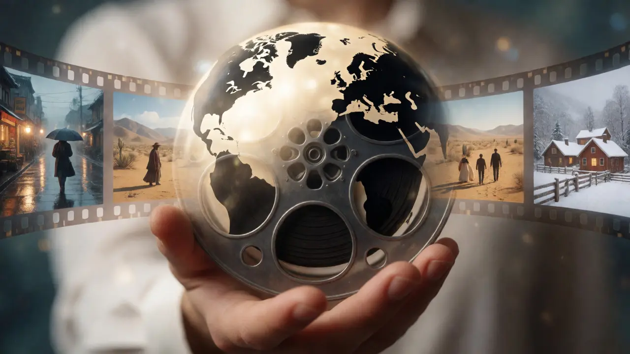 Hand holding film reel transforming into a globe of diverse scenes