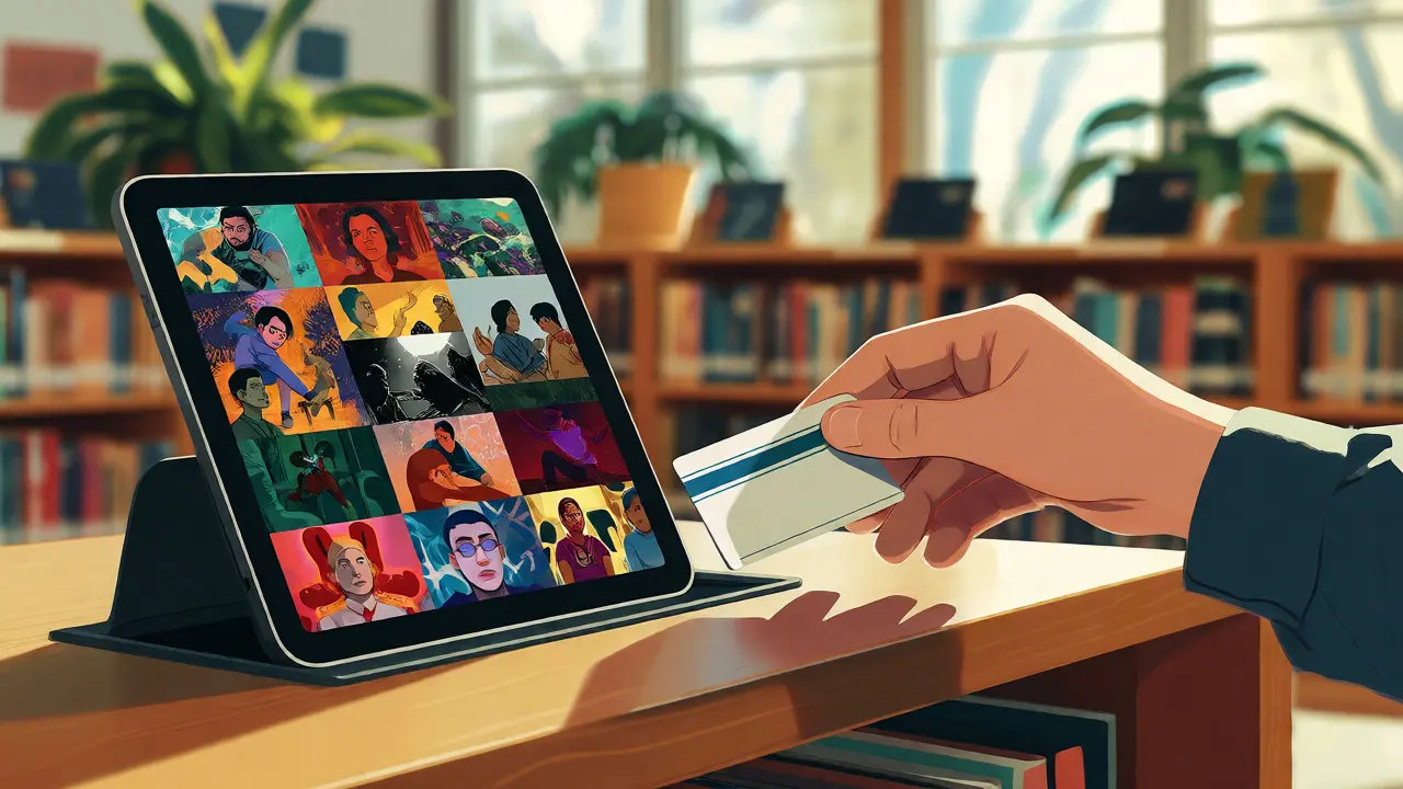 Hand placing a library card near a tablet showing indie films in a sunny library.
