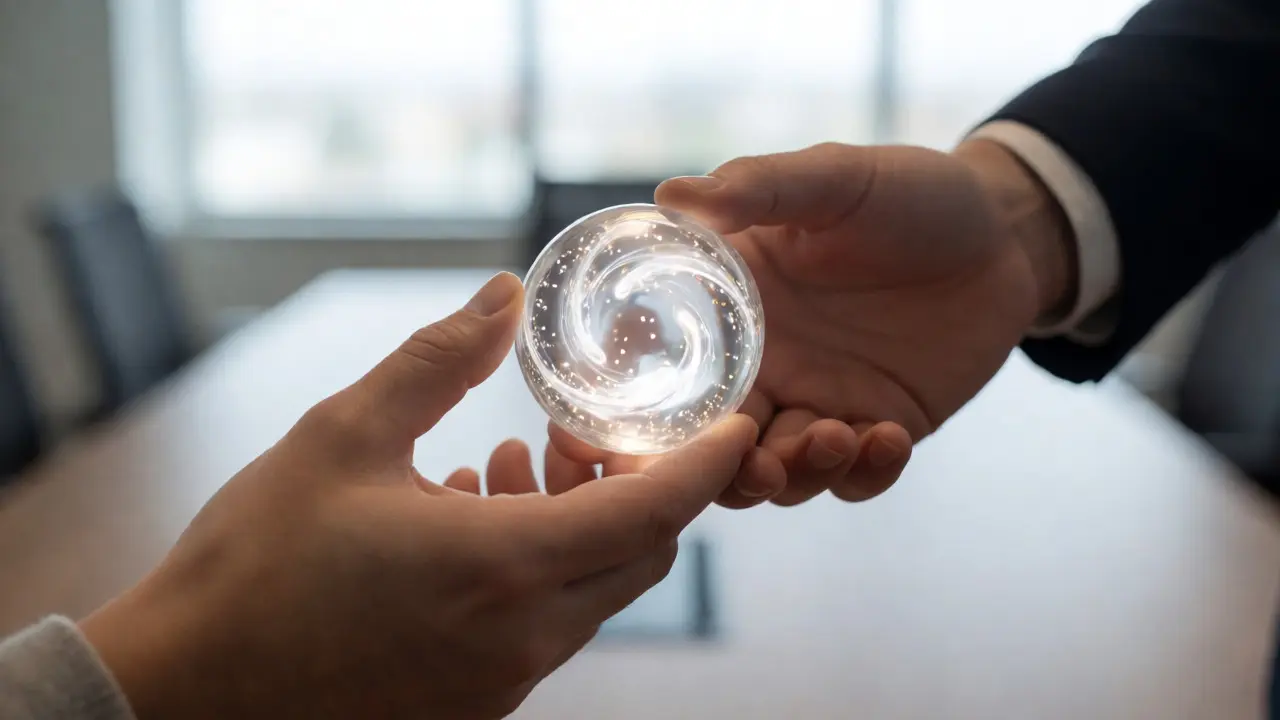 Hands exchanging a glowing data sphere in a transparent meeting room.