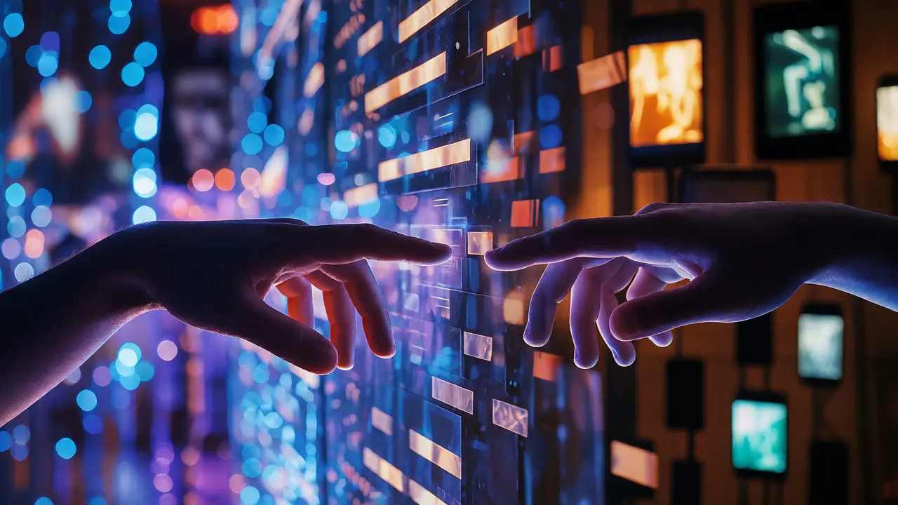 Hands reaching across digital screens, symbolizing global film connectivity.