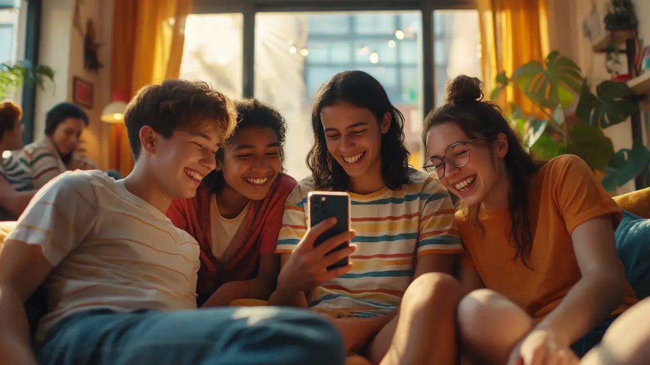 Happy Gen Z friends laugh together while looking at a phone in a sunlit room.