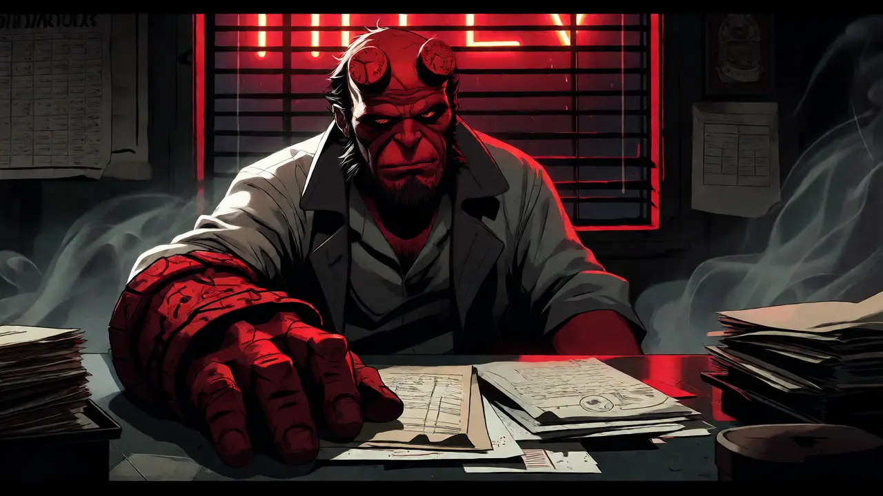 Hellboy-like figure in a smoky, noir-style office holding a stone hand amidst occult artifacts.