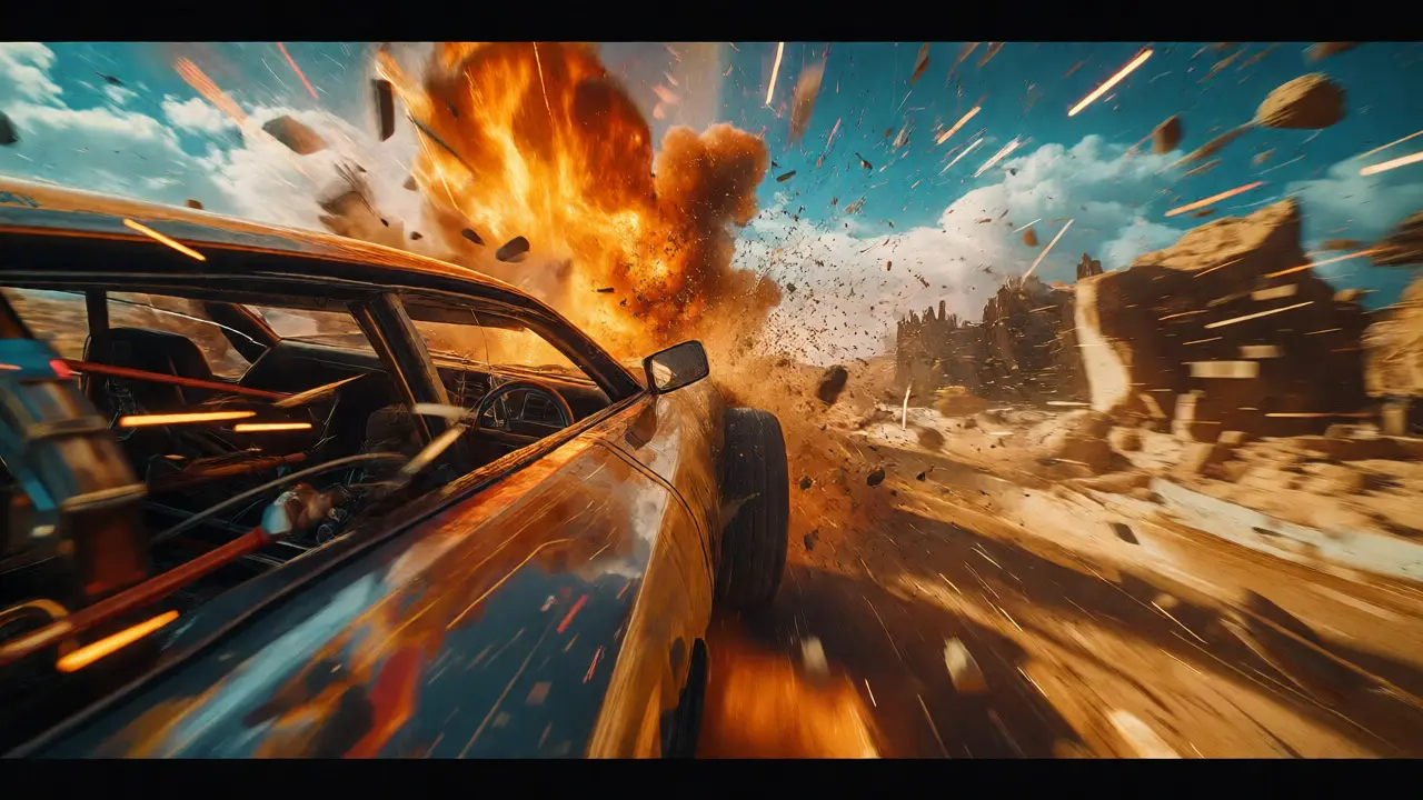 High-energy action scene with crisp motion and hyper-realistic stunt visuals