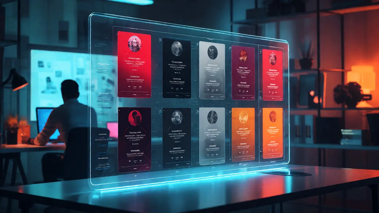 Holographic display of vertical film poster variations representing different global markets in a studio.
