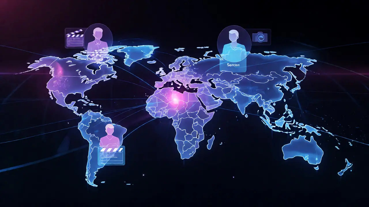 Holographic globe connecting remote filmmakers via glowing digital data lines.