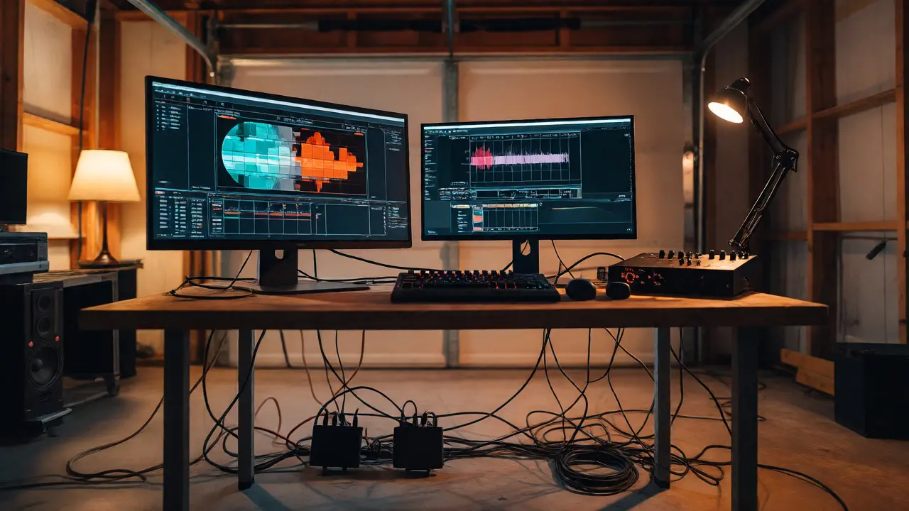 Home studio setup with dual monitors displaying color grading scopes and audio waveforms.