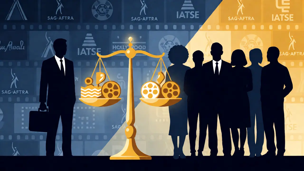 Illustration of producers and crew balancing scales with health and residual benefit icons.