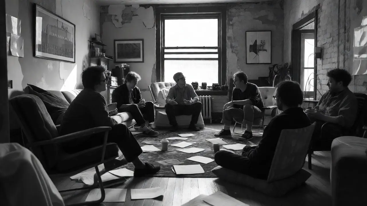 Independent filmmakers debating intensely in a cramped, rustic apartment living room.