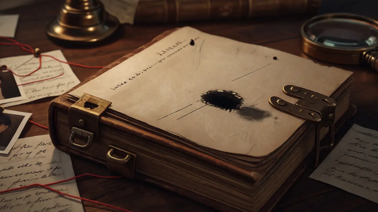 Ink dropping onto a manuscript surrounded by investigative notes.