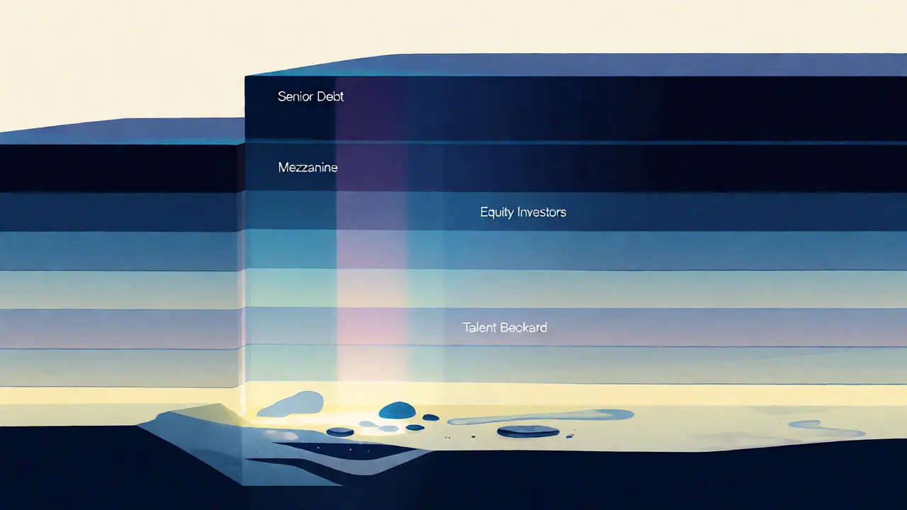 Layered diagram showing debt taking most revenue before equity and talent