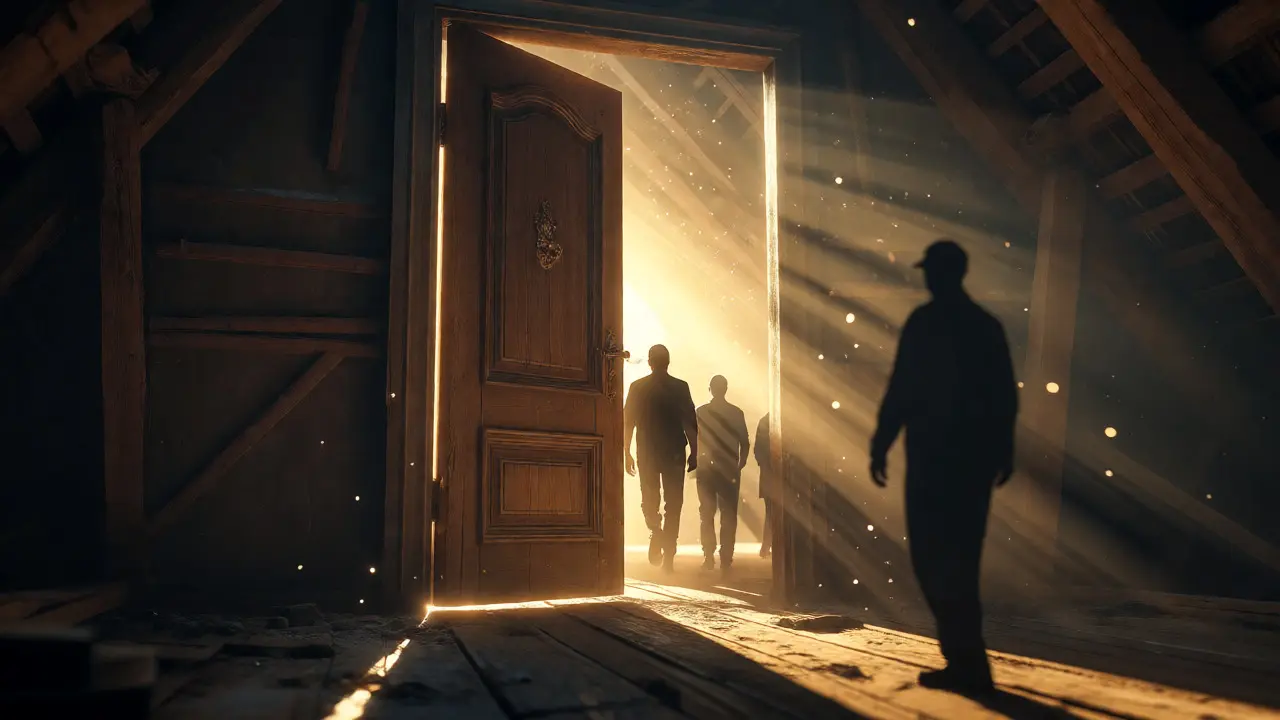 Light shines through open attic door revealing new characters while old silhouette watches.