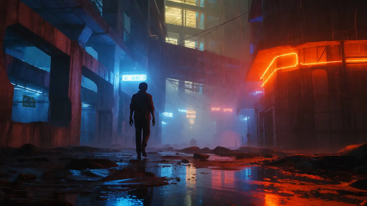 Lone figure walking through a rainy, neon-lit dystopian city street at night.