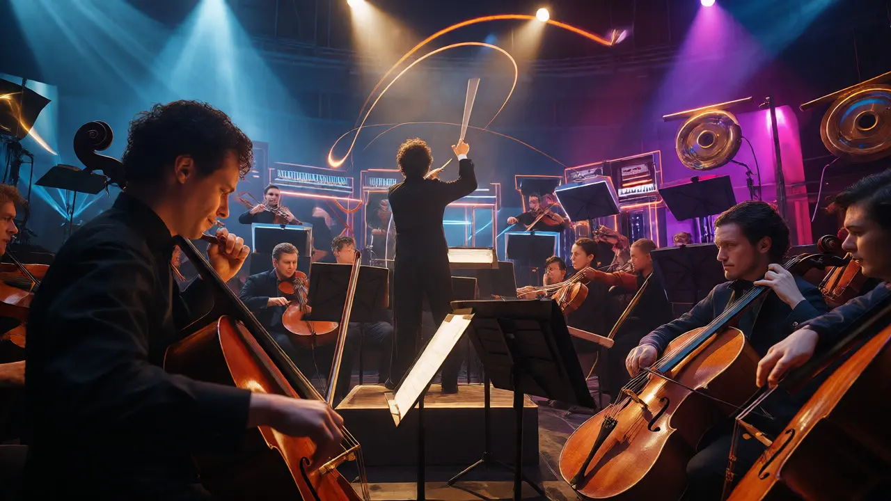 Low-angle shot of an orchestra blending traditional strings with glowing modern synths.