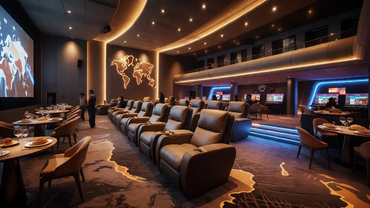 Luxury cinema lounge with reclining seats, dining, and gaming areas.