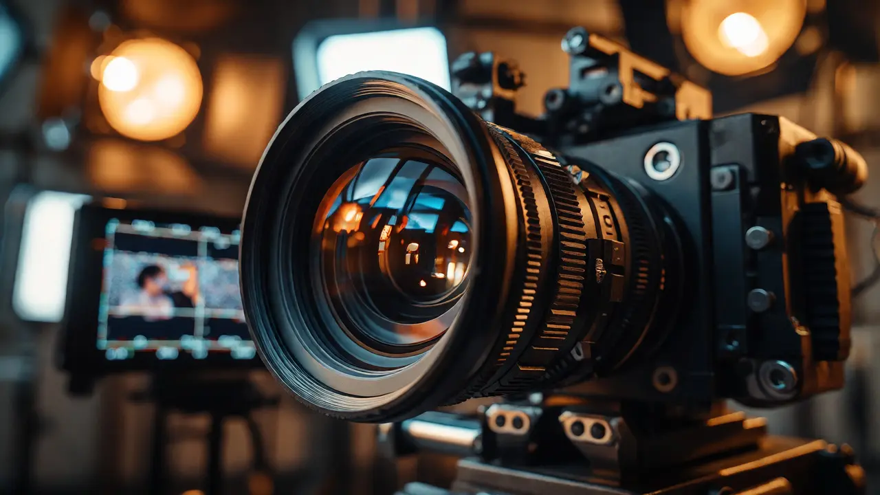 Macro shot of a cinema lens on a rig with a blurred director reviewing footage in the background.