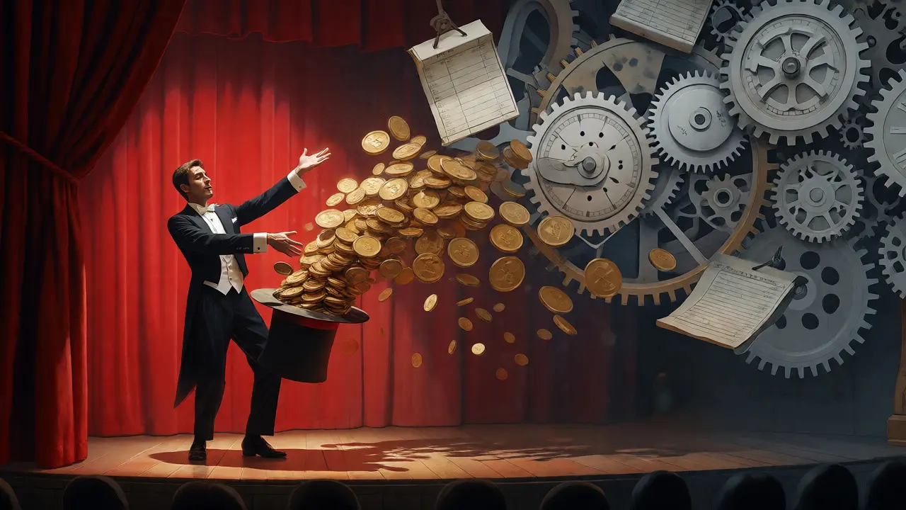 Magician illustrating Hollywood accounting tricks with disappearing gold