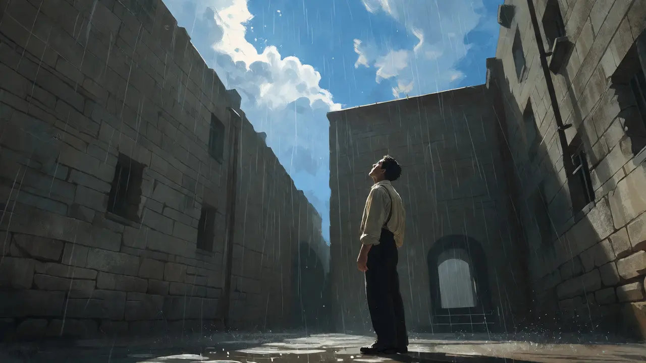 Man in prison yard looking up at sky for hope