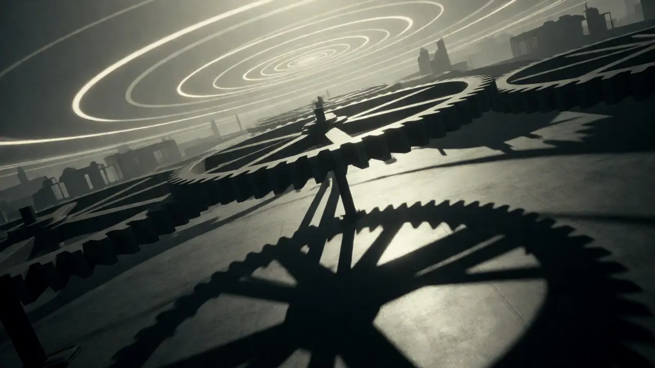 Melting clock gears surrounded by infinite spiraling light rings