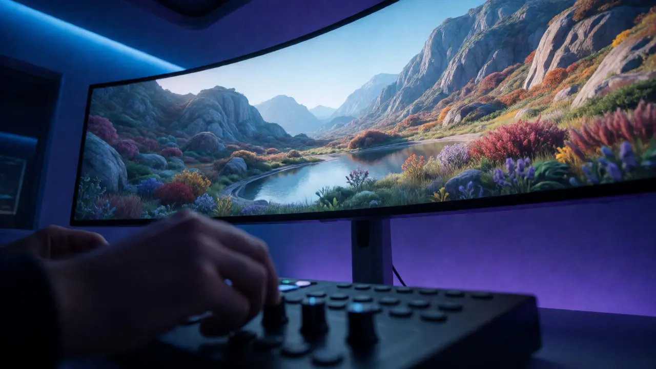Modern color grading suite with large 4K monitor displaying HDR landscape