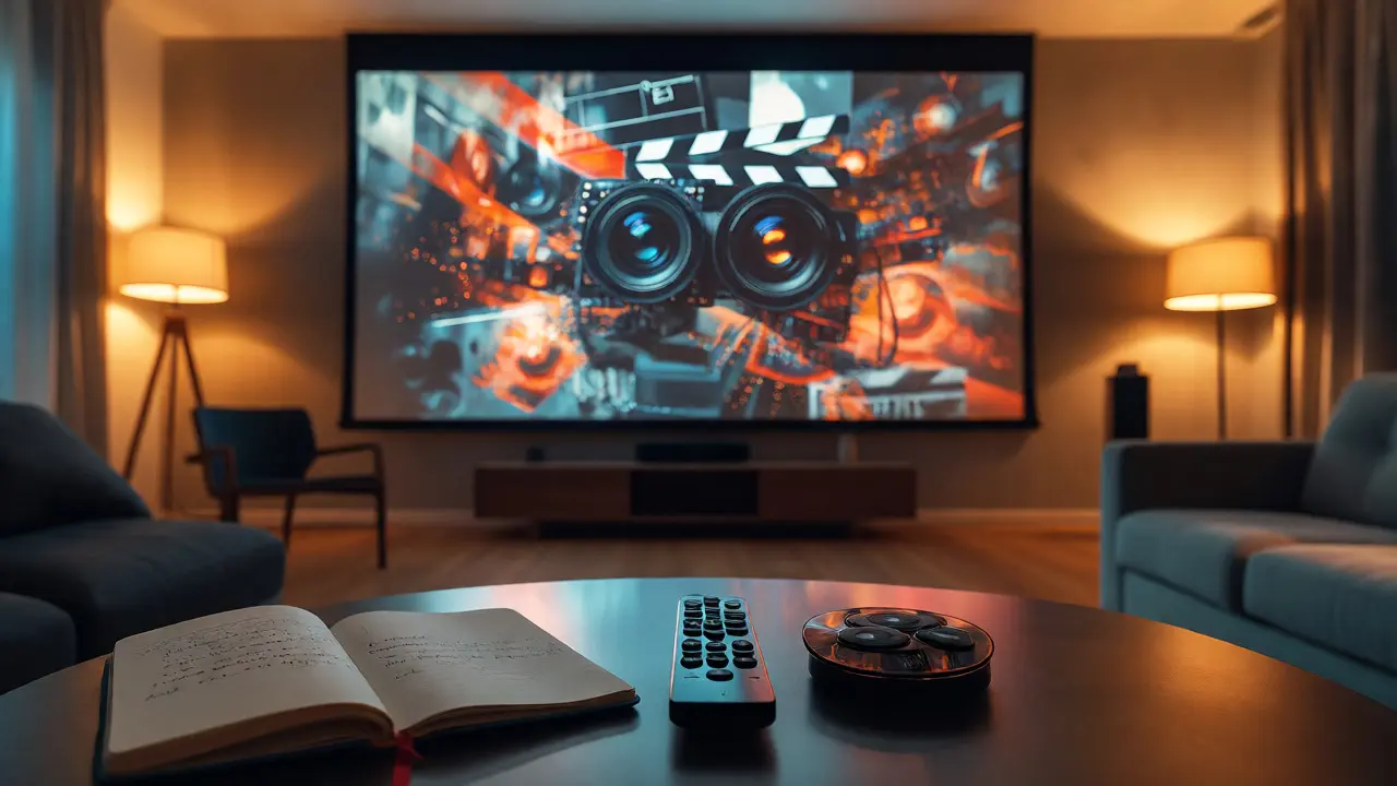 Modern home theater with remote and abstract film imagery on screen