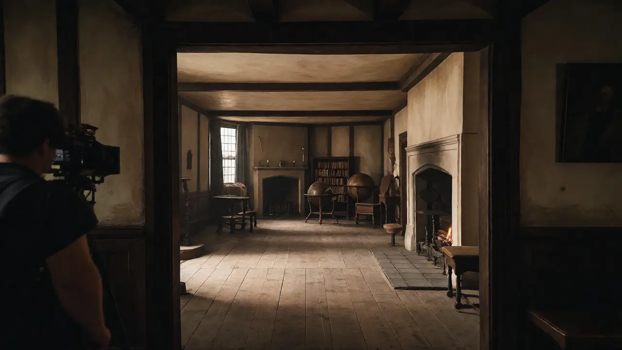 Moody Tudor-style film set with low lighting and staged historical props