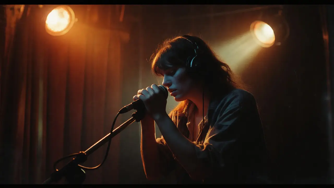 Musician singing alone in a dimly lit recording booth