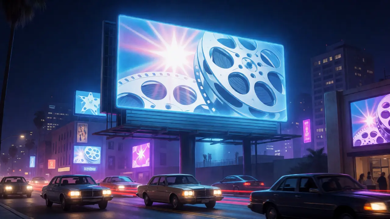 Neon-lit For Your Consideration billboard on a busy LA street at night.