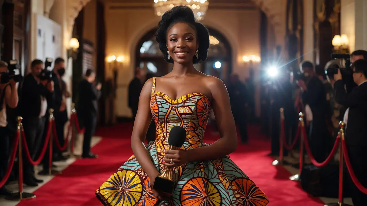 Nigerian actress in vibrant attire at a global film premiere