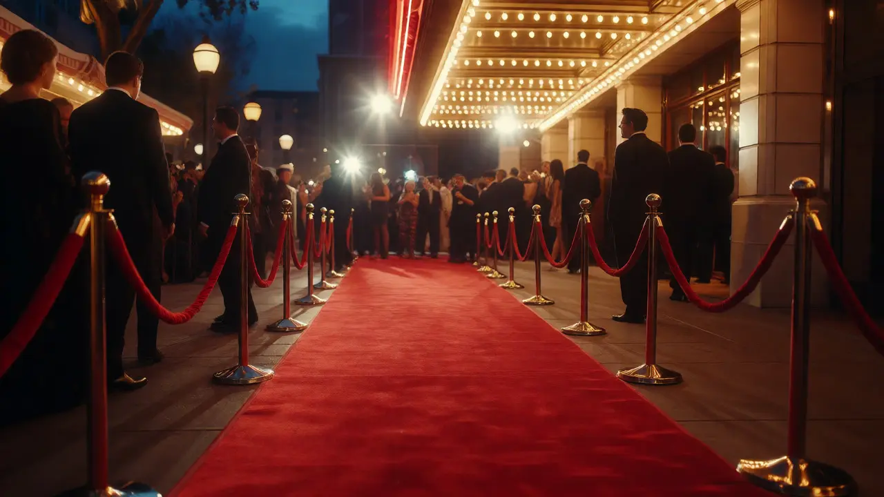 Nighttime red carpet scene with photographers and elegantly dressed attendees