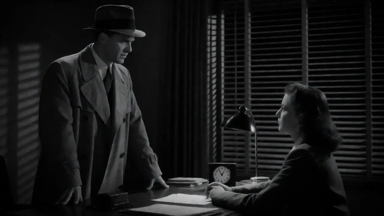 Noir couple separated by a desk, implying romance without touch