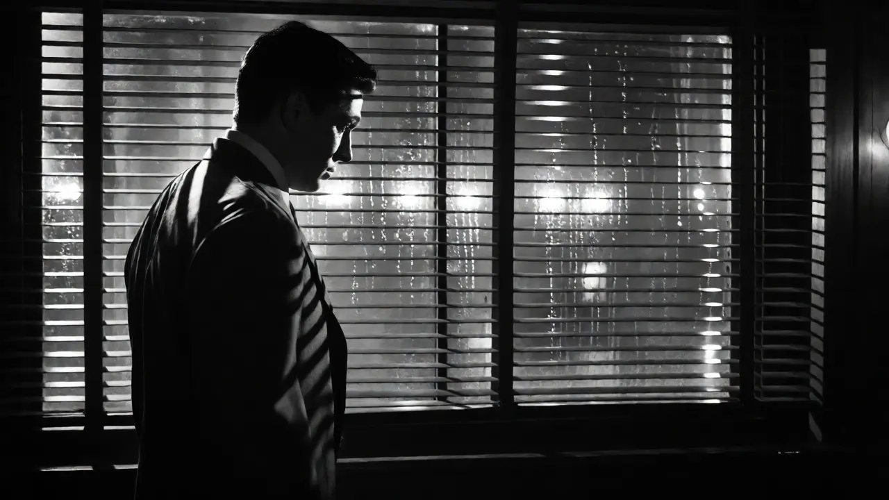 Noir-style detective in shadowed room with rain-streaked window