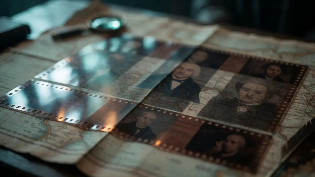 Old map covered with film strips showing faded historical figures