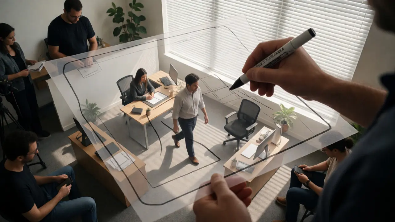 Overhead view of a director mapping actor movements on a set floor plan during filming.