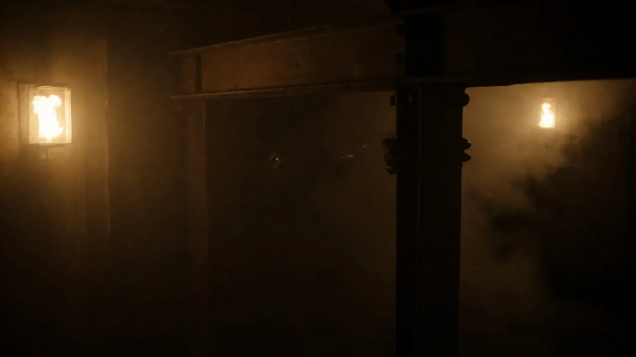 Partial view of a monster in a shadowy industrial setting, focusing on implied threat and psychological tension.