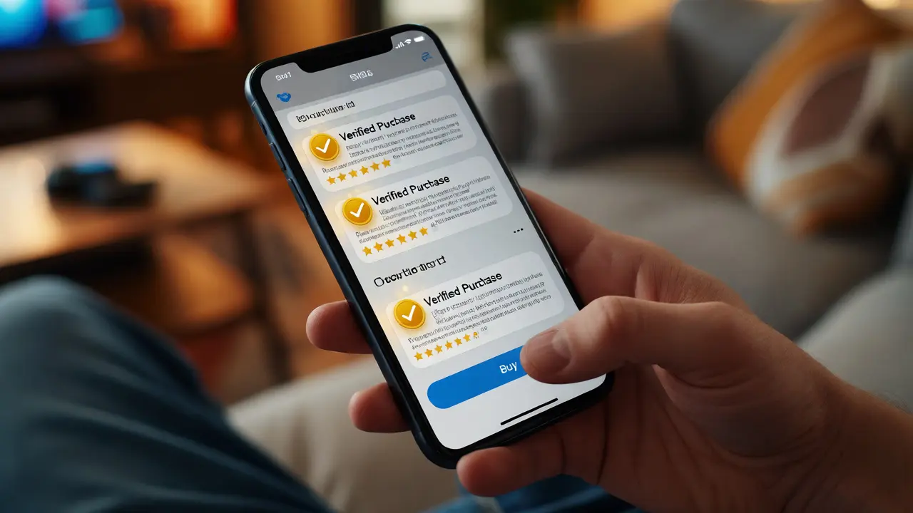 Person holding phone browsing verified reviews before buying an indie film online