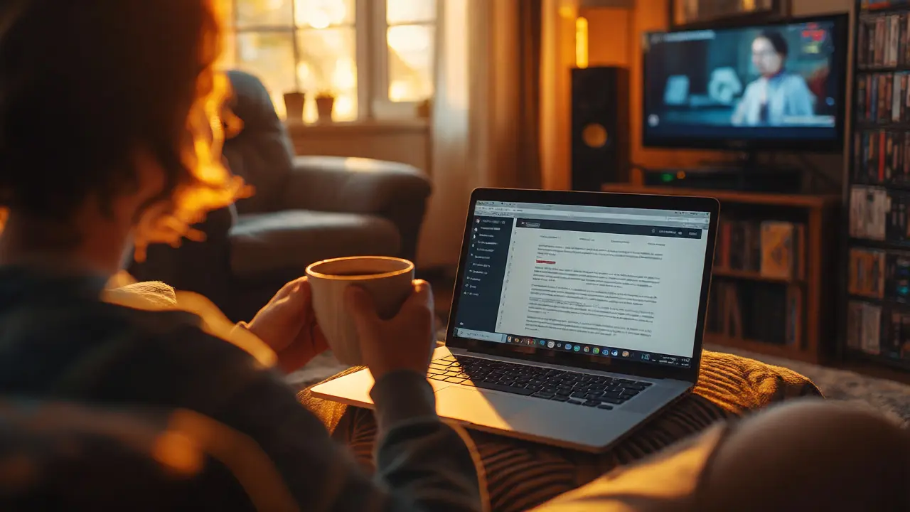 Person reading a film review in a cozy, sunlit home setting.