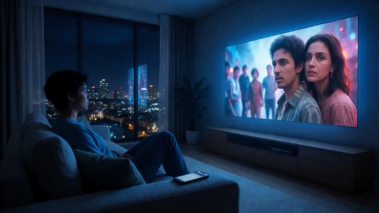 Person watching foreign film on TV in dark living room