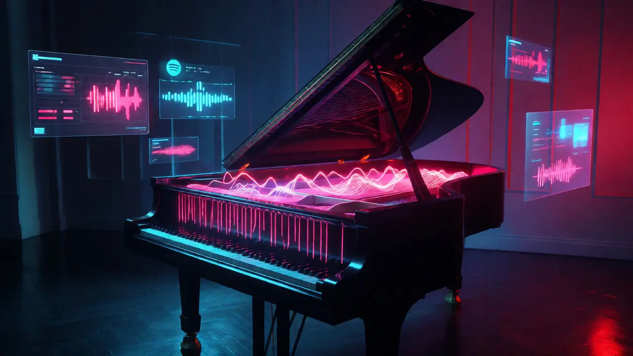 Piano with glowing fiber-optic strings surrounded by digital waveforms