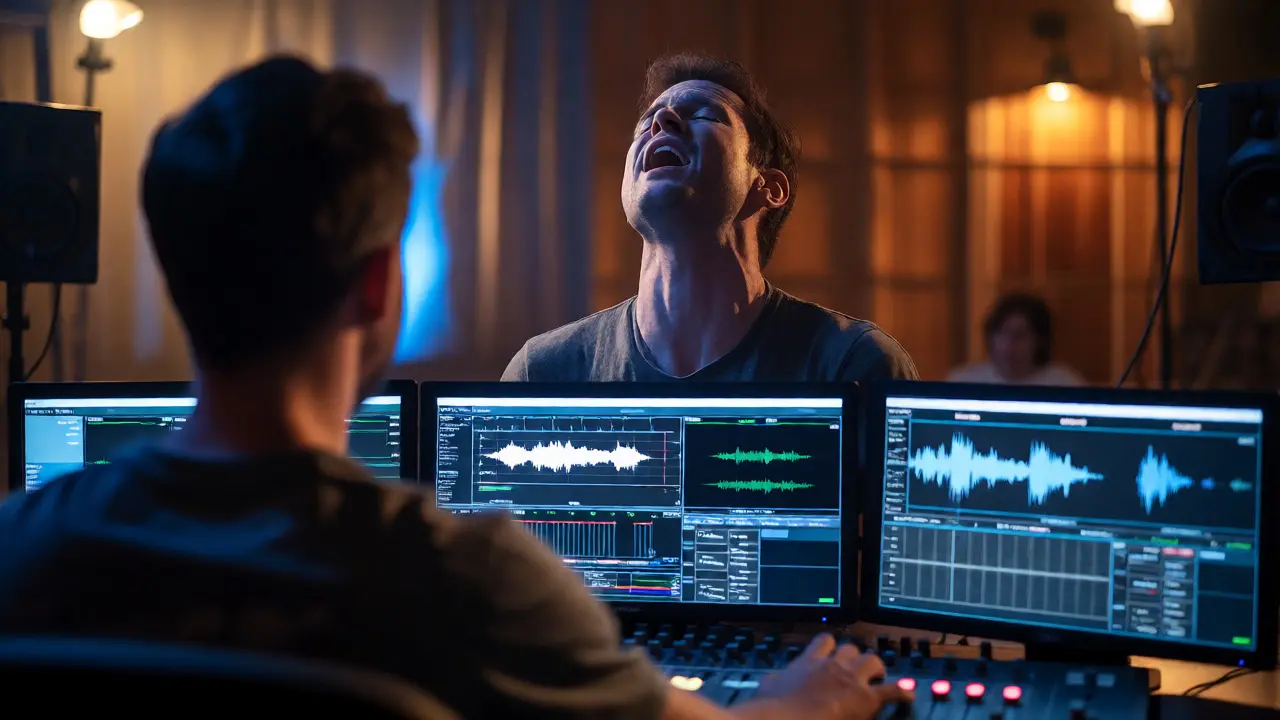 Playback engineer monitoring actor's musical performance