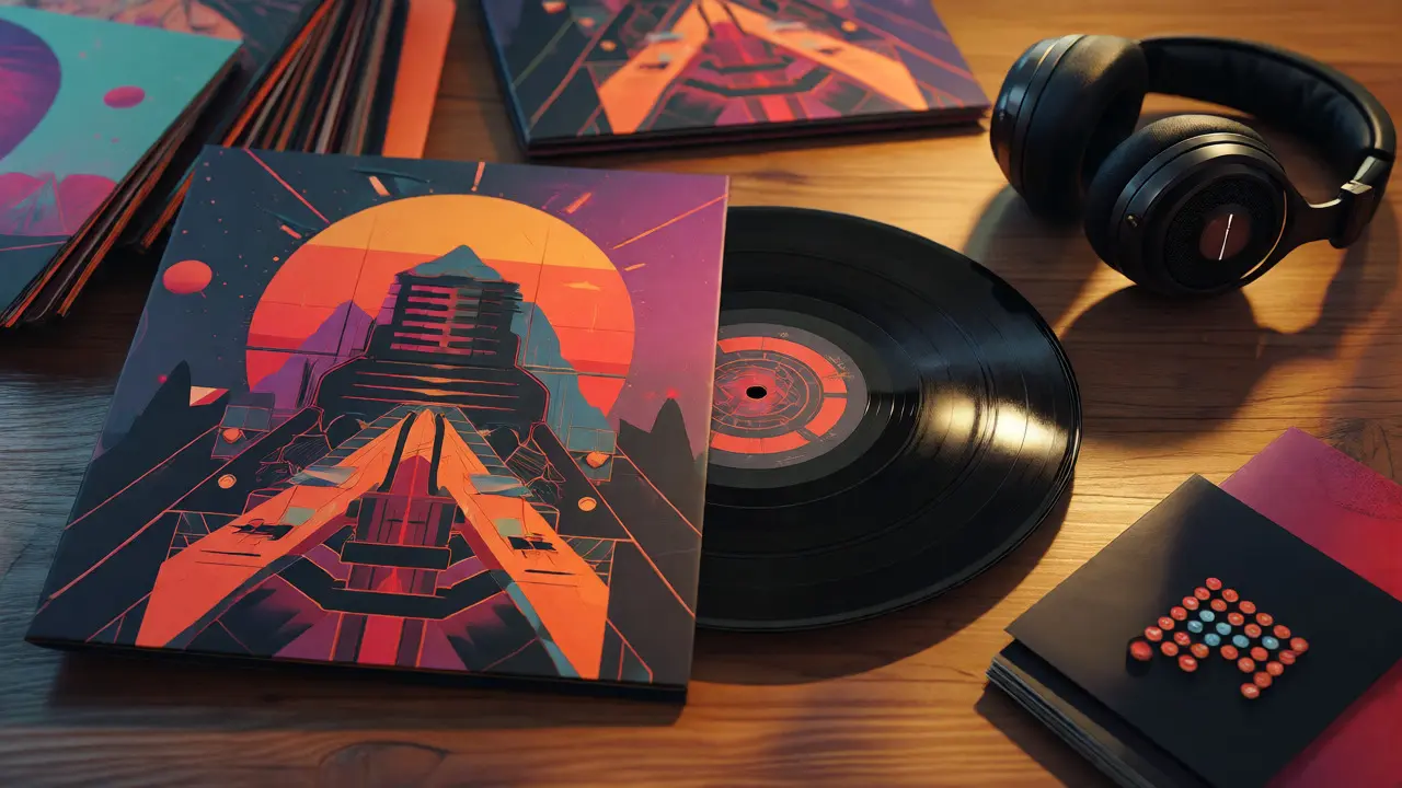 Premium vinyl records with artistic covers displayed alongside headphones.